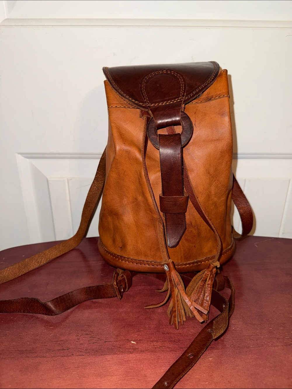 Leather Drawstring Backpack - Tan/Brown